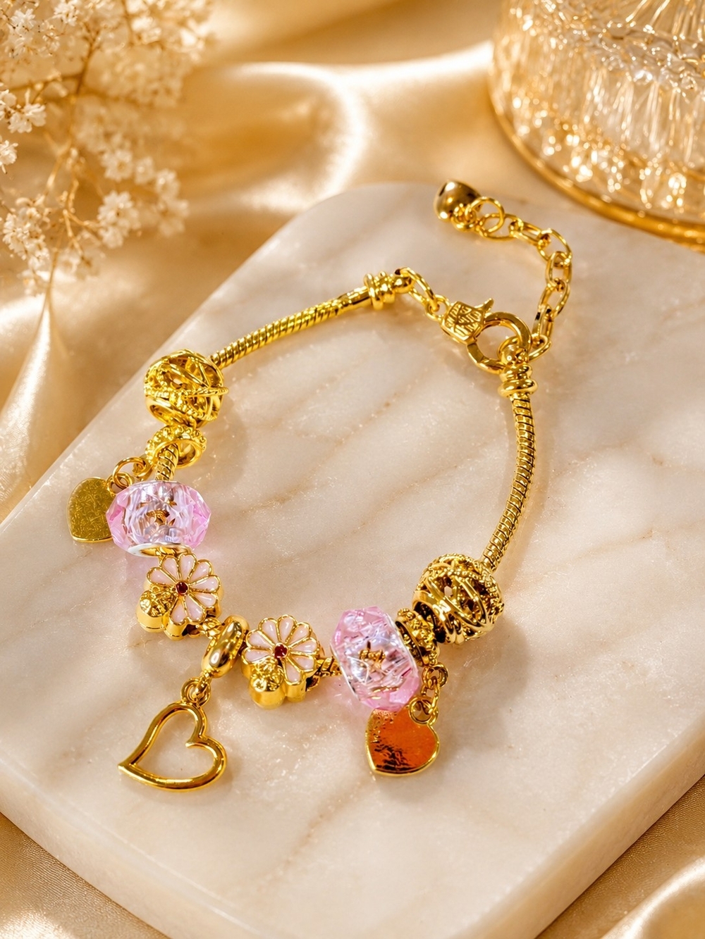 18K Gold Plated European Style Charm Bracelet with Pink Crystal Beads